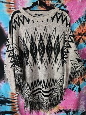 Color Swatch Black & Gray Colorful Fringe Poncho Sweater Women's S/M